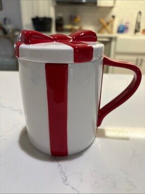 Cost Plus World Market White and Red Gift Bow Ceramic Mug with Lid